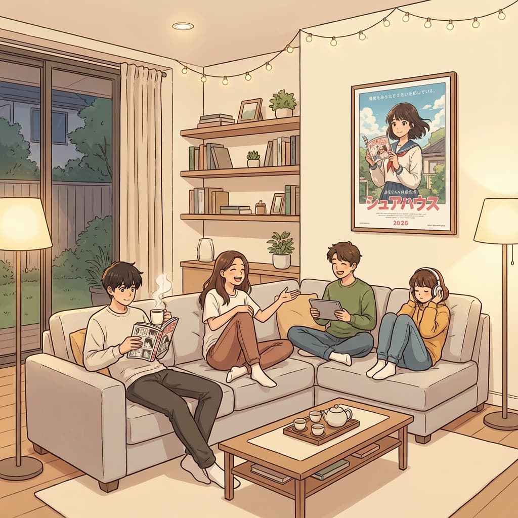 Illustration of a modern Japanese share house living room