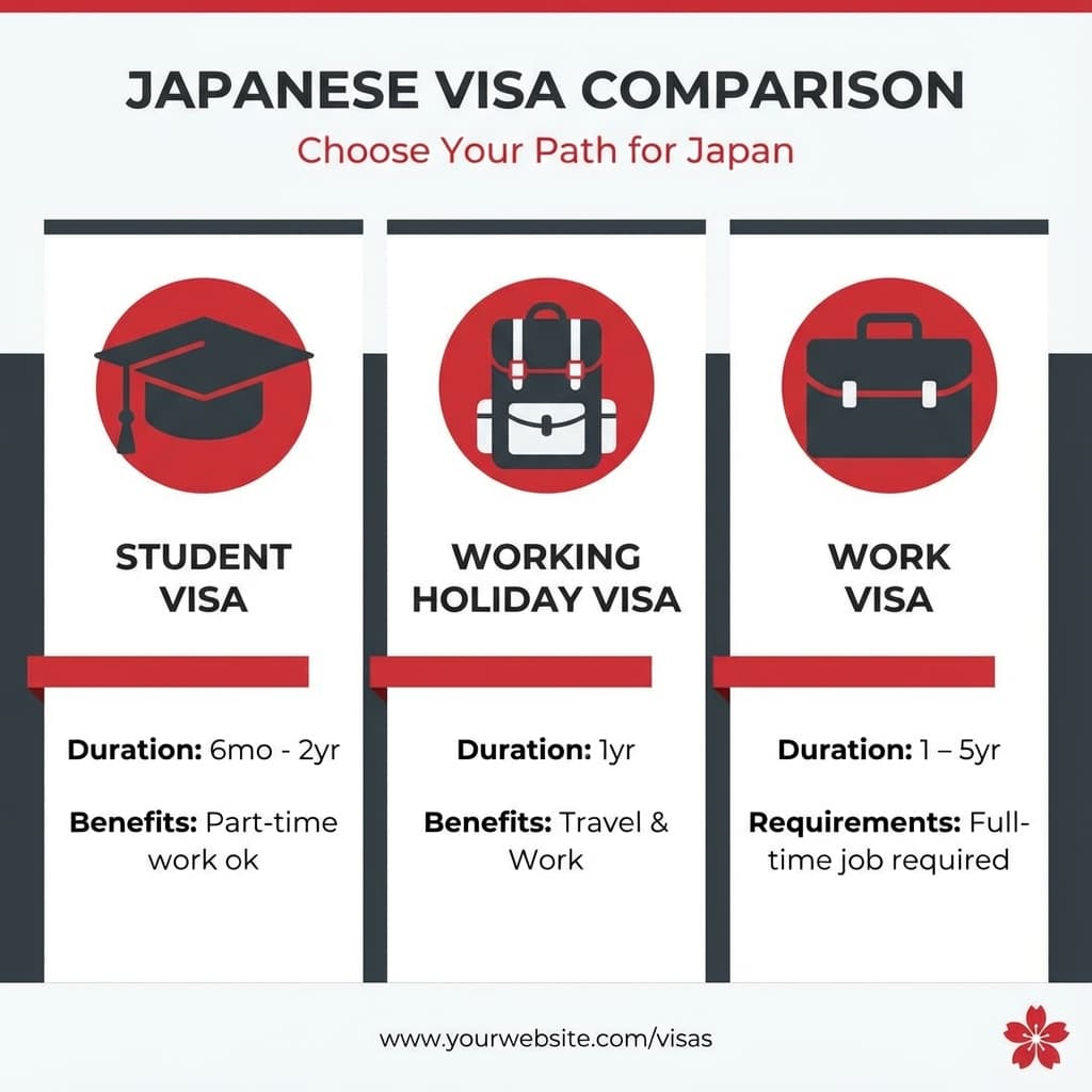 Infographic comparing Student, Working Holiday, and Work Visas