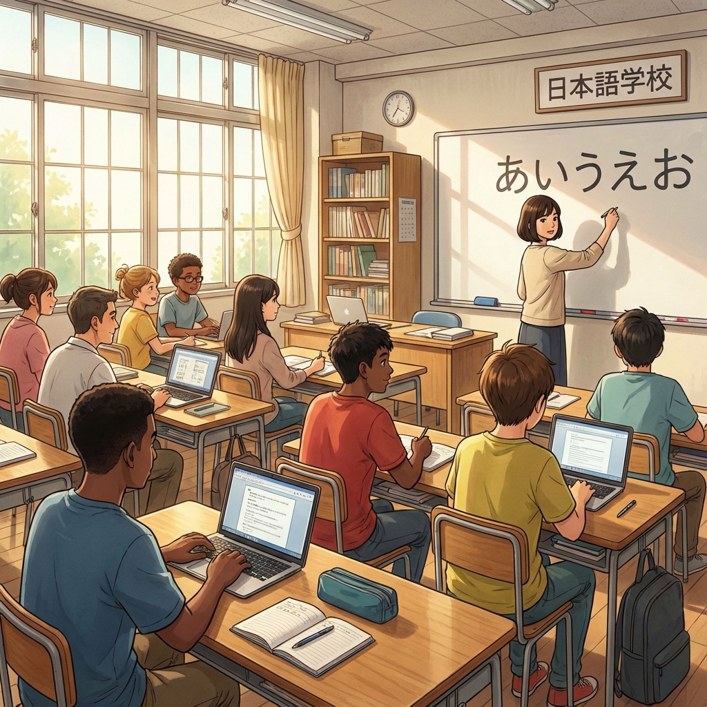 Illustration of a Japanese language school classroom