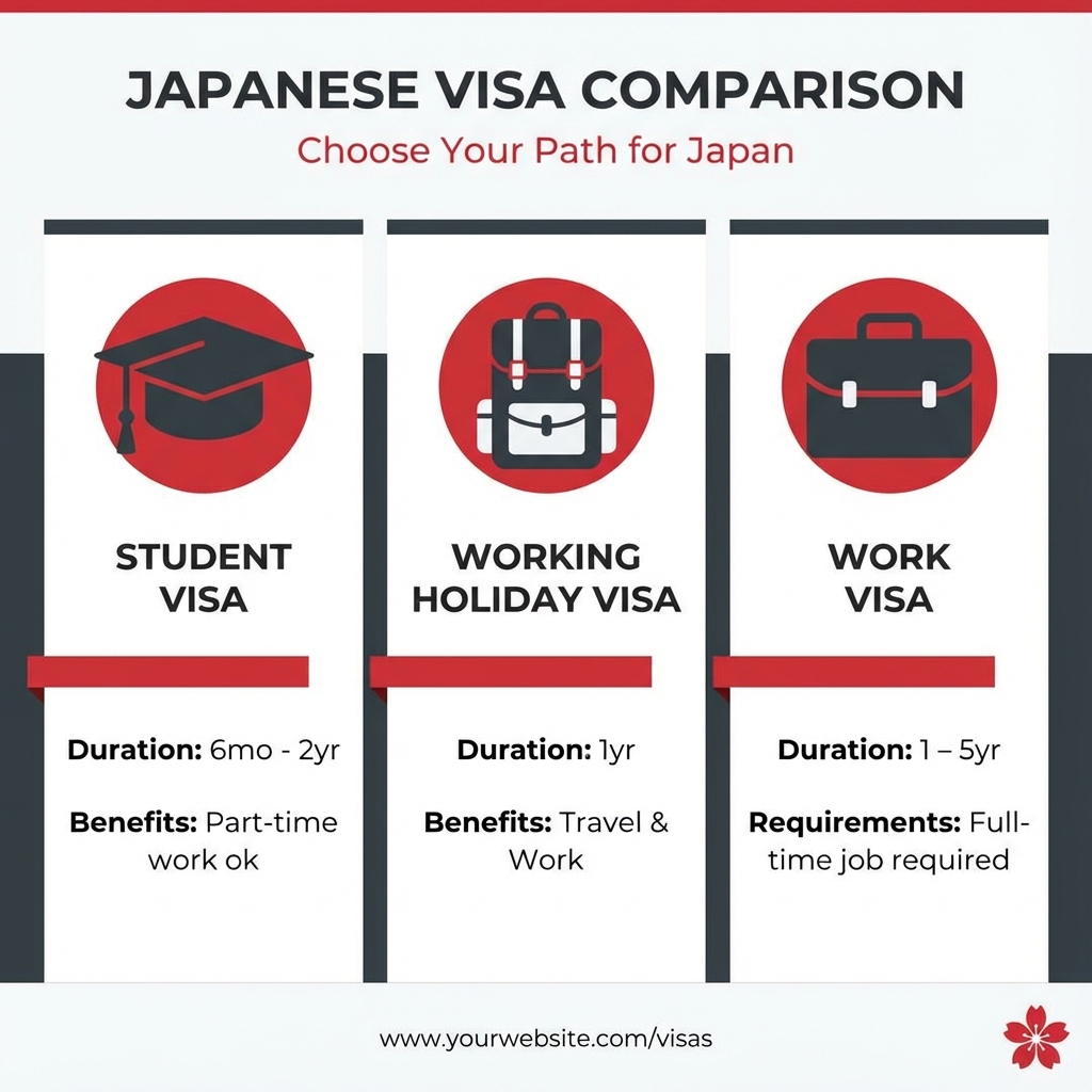 Infographic comparing Student, Working Holiday, and Work Visas
